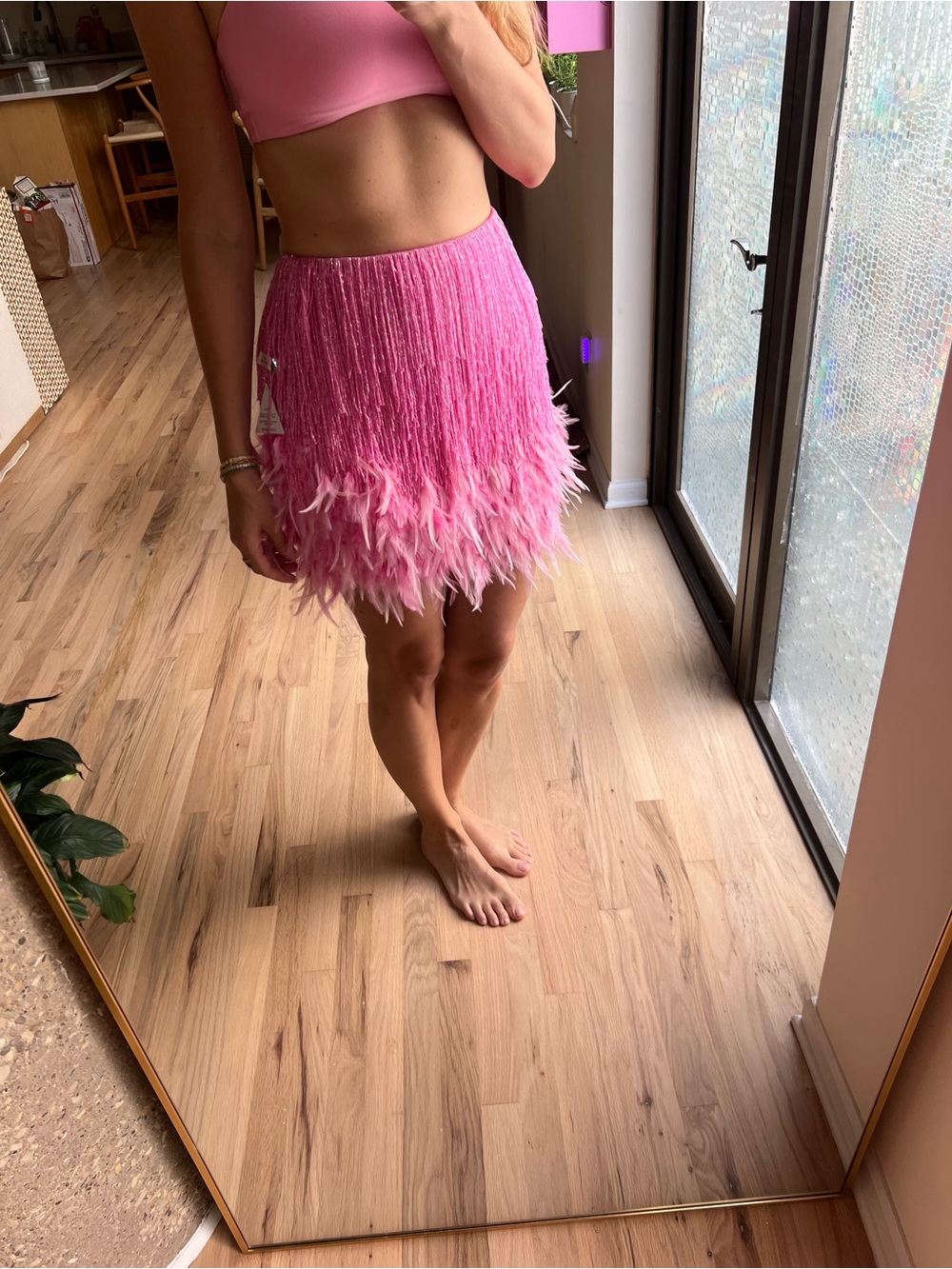 NADINE MERABI Pink Feather Trim Mini Skirt